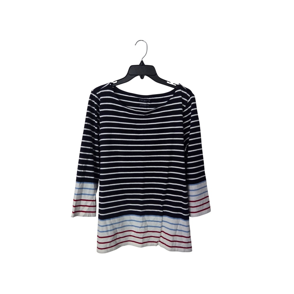Talbots Womens Navy Blue White Striped 100% Cotton Boat Neck 3/4 Sleeve Top L